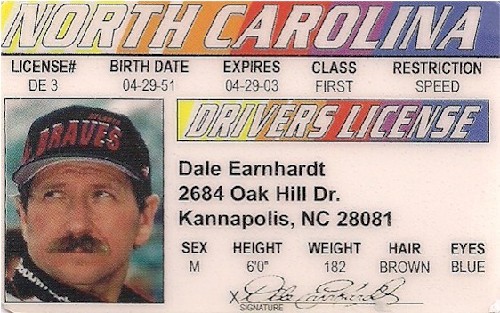 Dale Earnhardt, Sr NC Novelty ID Card