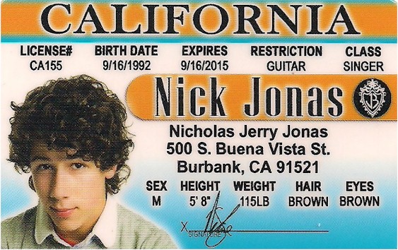 Nick Jonas Brother California Novelty ID Card