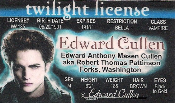 Edward Twilight License Novelty ID Card